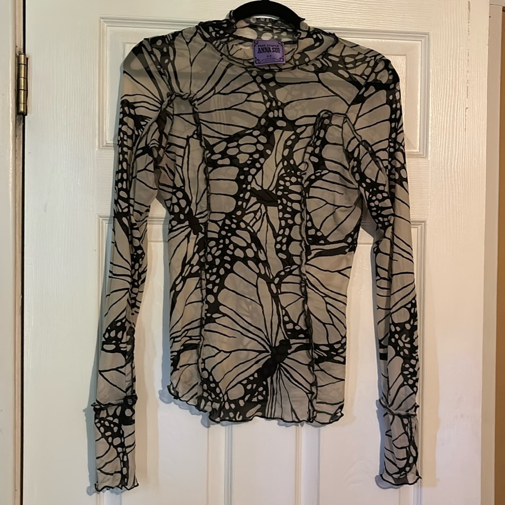 Anns Sui for free people M monarch butterfly print mesh long sleeve top Medium